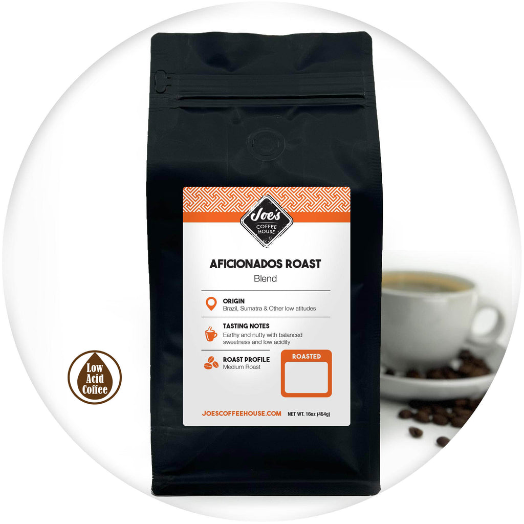 Joe's Coffee House, Aficionados Roast . 100% Arabica Coffee. Medium Roast